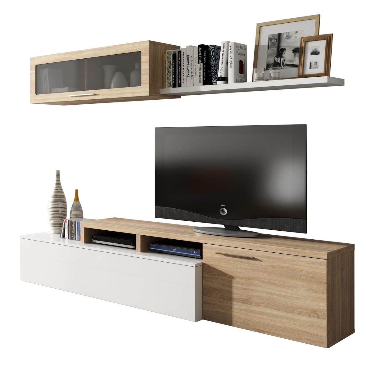 Parete Attrezzata Soggiorno Moderna Salotto con Mobile TV Modulo Sospeso Anta in Vetro Fumé Mensola Scandinavo Moderno 200x43x41 Cm Bianco Rovere