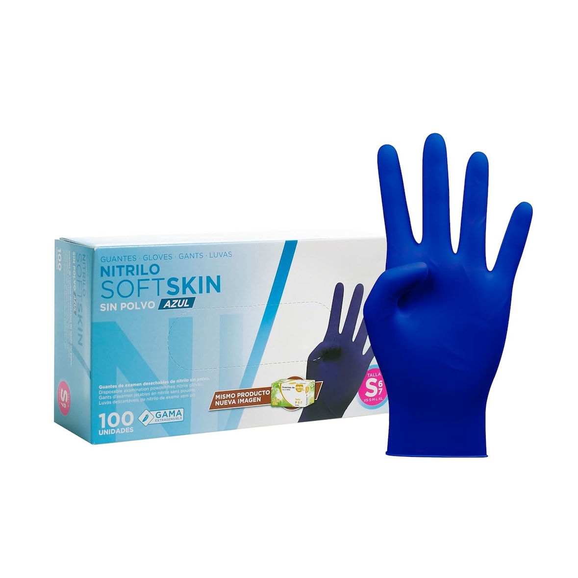 Pack 100 Guantes nitrilo desechables - Color Azul- Colección Softskim - Guantes de Látex sin Polvo - Talla S, 100und