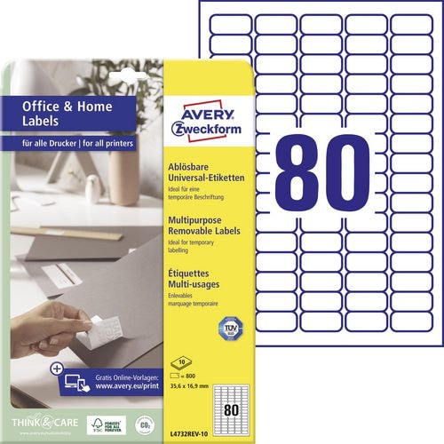 AVERY Zweckform Ablösbare Universaletiketten L4732REV-10 Selbsthaftend DIN A4 Weiß 3,56 x 32,7 x 1,69 cm 10 Stück à 80 Etiketten