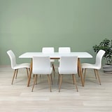 thumbnail of Uitschuifbare rechthoekige eetset met 6 gestoffeerde stoelen in ecoleer, Scandinavische stijl, poten met houtlook, voor keuken en eetkamer–RUBEN+TANIA