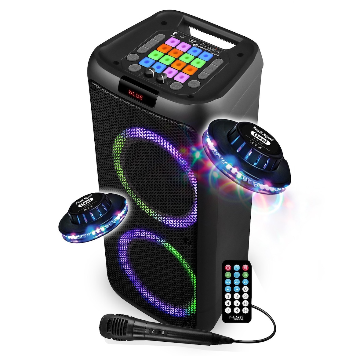 Enceinte DJ - Party Karaoké SUNSET 208 - 600W USB/SD/PC Bluetooth, Micro filaire, 2x Boomer à LED RVB, 2 Soucoupes Ovni
