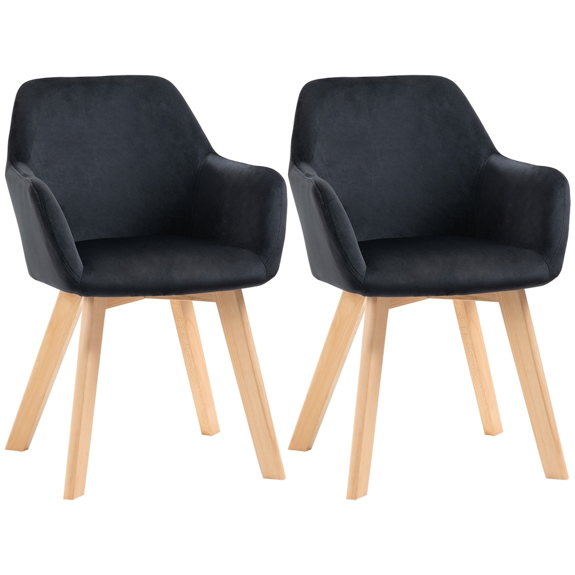 Pack de 2 sillas de comedor sillas de cocina tapizado en terciopelo con respaldo reposabrazos y patas de madera carga 120 kg 54x57x80 cm negro