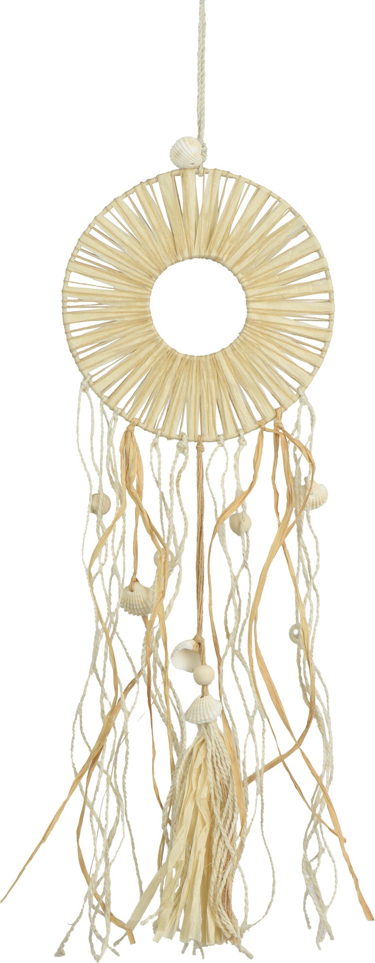 Traumfänger Stroh mit Muscheln 51x17cm Naturkette Deko Strohgirlande Hängedeko Mobile Indoor Fenster Wohnzimmer Schlafzimmer Wohnbereich Natur Beige