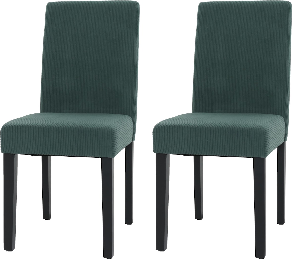 Décoshop26 - Set aus 2 Esszimmerstühlen mit hoher Rückenlehne bezogen mit grünem Cordstoff und mit dunklen Holzbeinen 04_0007330