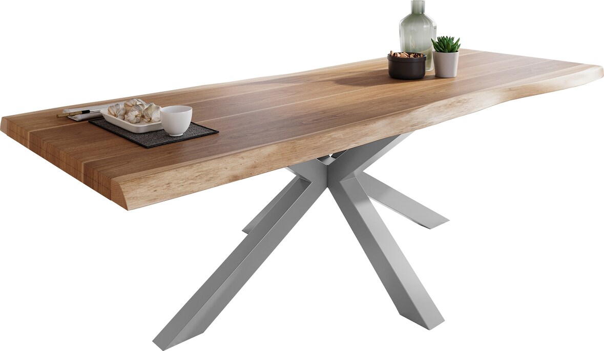Esstisch Baumkante massiv Akazie natur 280 x 100 Spider-Gestell silber ATLAS