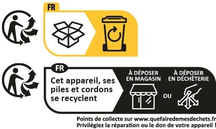 Recycling-Hinweise für ein Gerät mit Batterien und Kabeln.