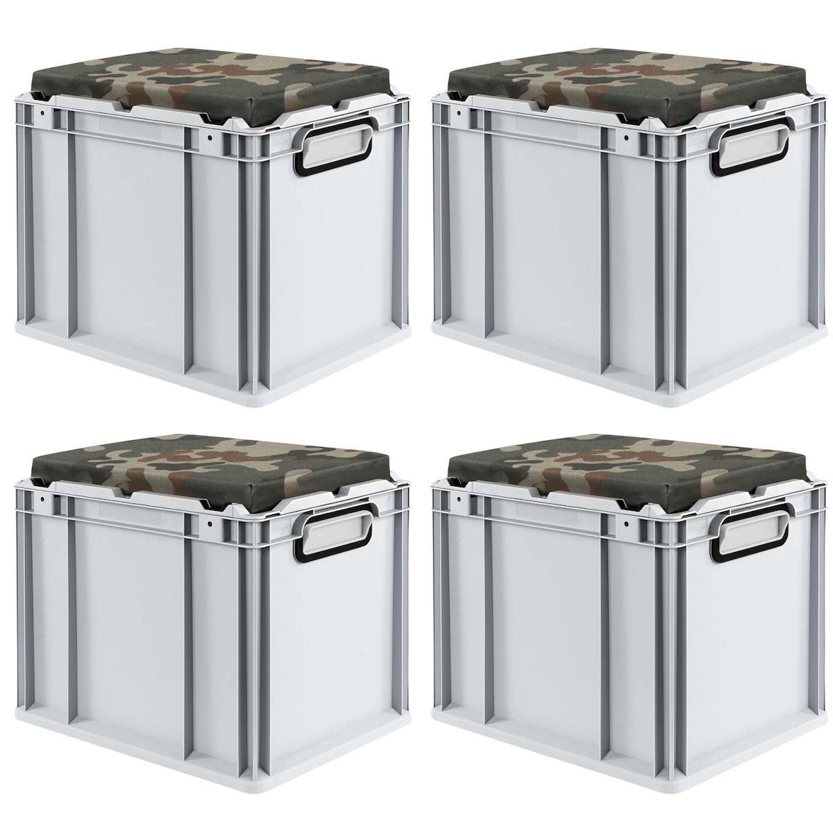 PROREGAL Mega Deal 4x Eurobox NextGen Seat Box Camouflage | HxBxT 36,5x30x40cm | 30 Liter | Griffe geschlossen | Eurobehälter, Sitzbox