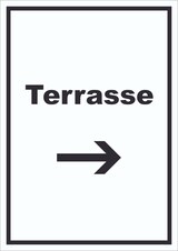 thumbnail of Terrasse Schild mit Text und Richtungspfeil rechts hochkant A5 Rückseite selbstklebend
