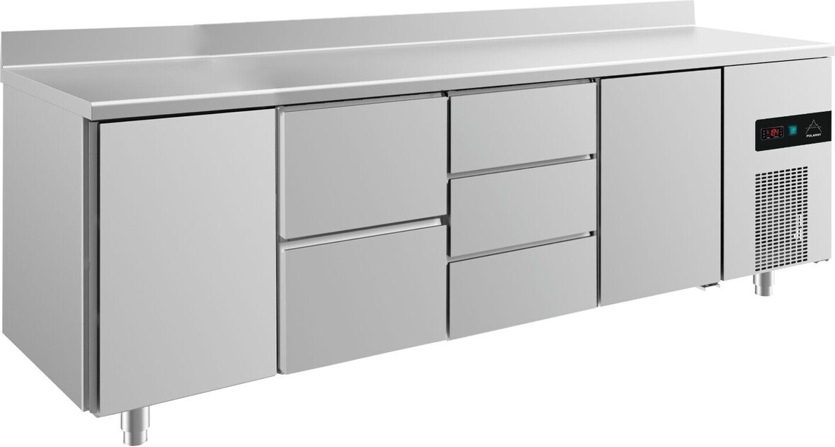 Gastro Kühltisch 2 Türen links&rechts 2/3 Schubladen mittig Umluftkühlung Aufkantung, 2330x700x850mm -2/+8°C