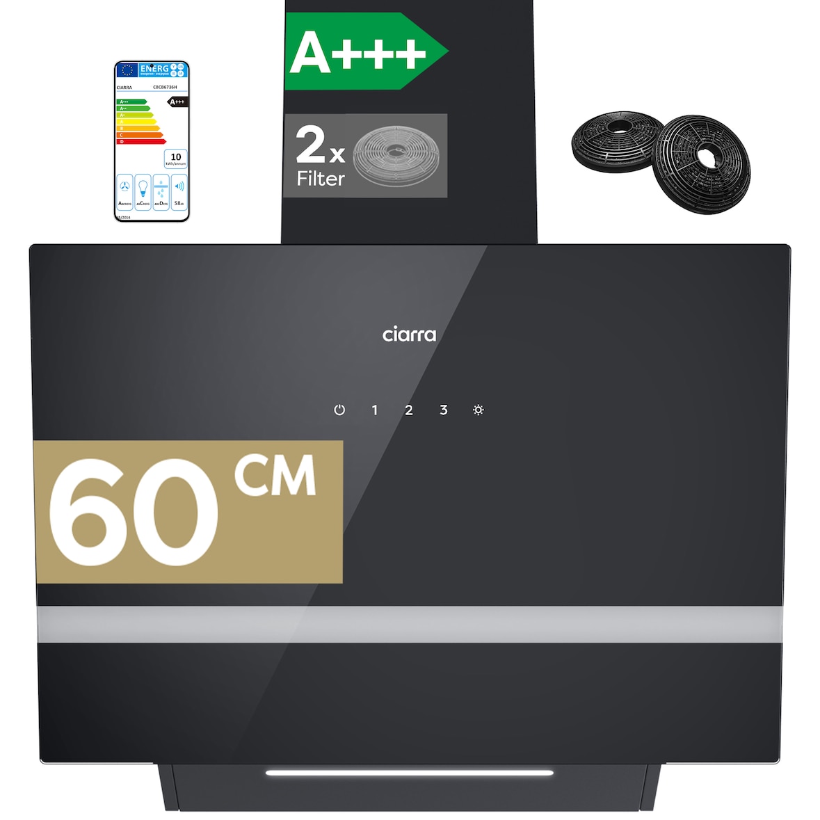Hotte aspirante CIARRA A+++ 650 m³/h 60 cm WIFI + APP & Touch Control BOOST VM6736HB