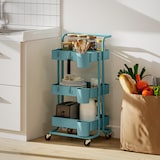 thumbnail of HOMCOM carrito auxiliar con ruedas de 3 niveles con 4 ganchos asa 3 cestas extraíbles 3 cajas colgantes para baño salón 42x38x86,5 cm azul