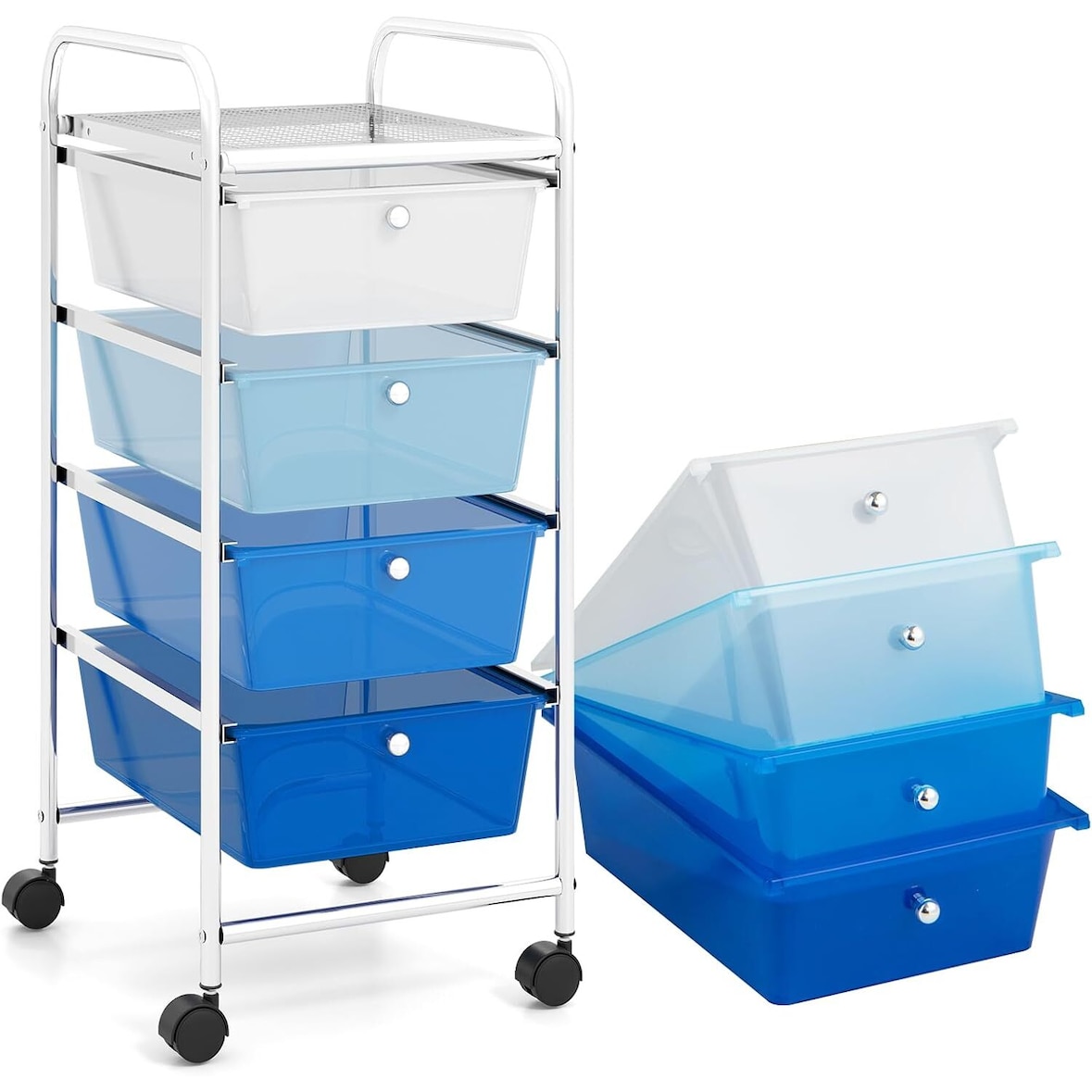 COSTWAY Rollwagen mit 4 stapelbaren Schubladen, Schubladen-Rollwagen, Rollcontainer mit Metallrahmen und Regal