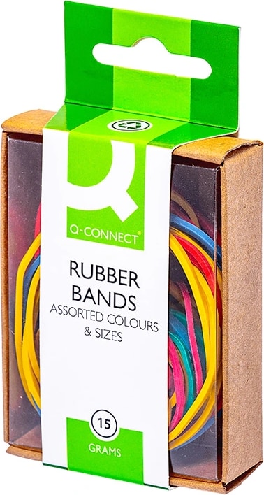 Um pacote de elásticos em cores e tamanhos sortidos.