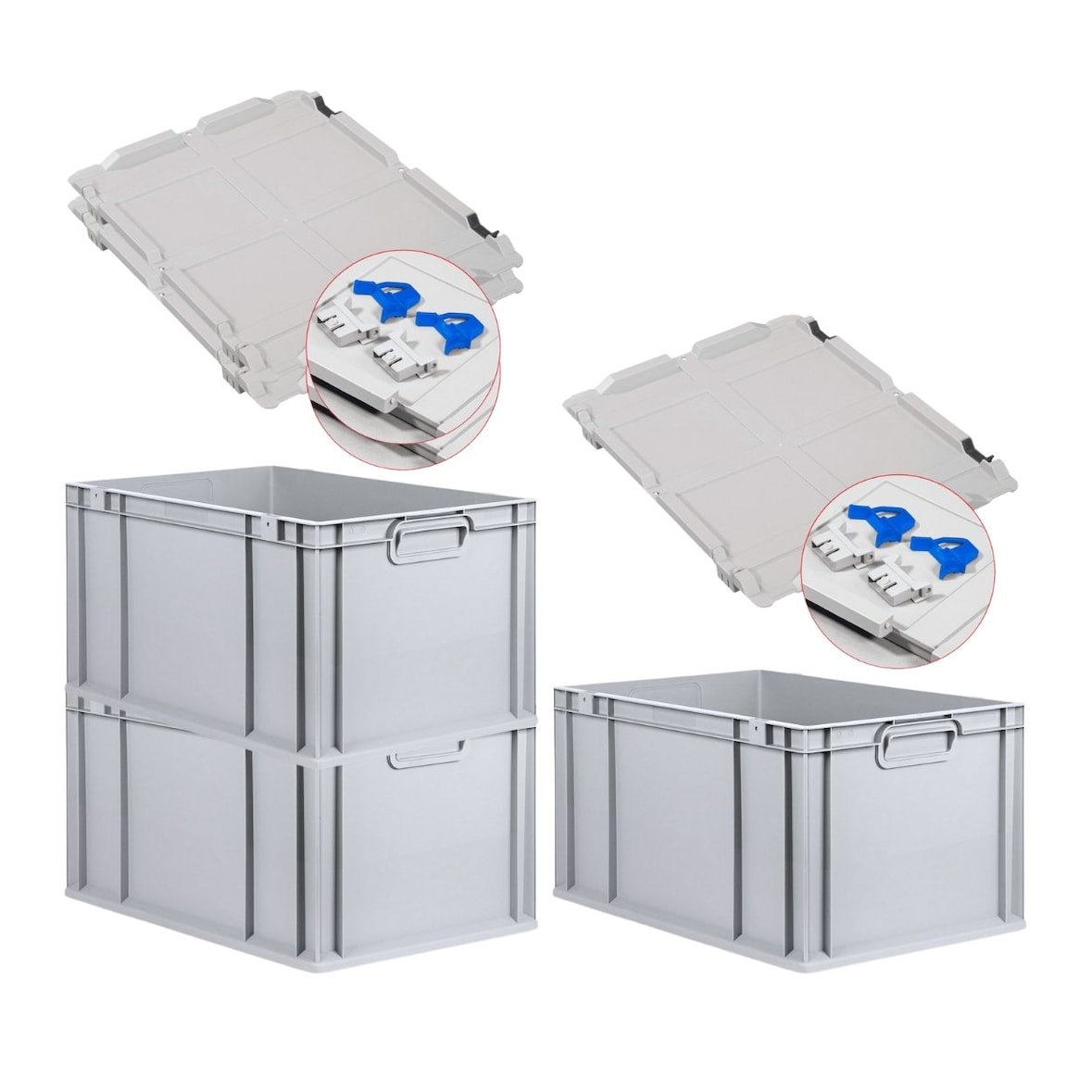 PROREGAL 3x Eurobox NextGen Grip mit Scharnierdeckel & blauen Verschlüssen | HxBxT 32x40x60cm | 65 Liter | Griffe geschlossen | Verstärkter Boden
