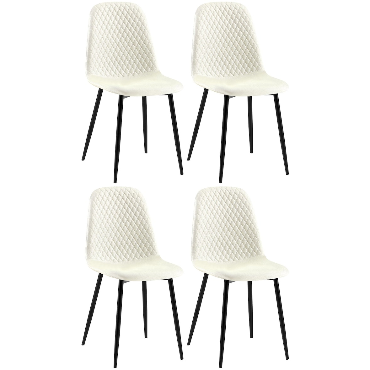Décoshop26 - Chaises de salle à manger x4 coutures décoratives losanges assise en tissu crème pieds métal noir mat 10_0007734