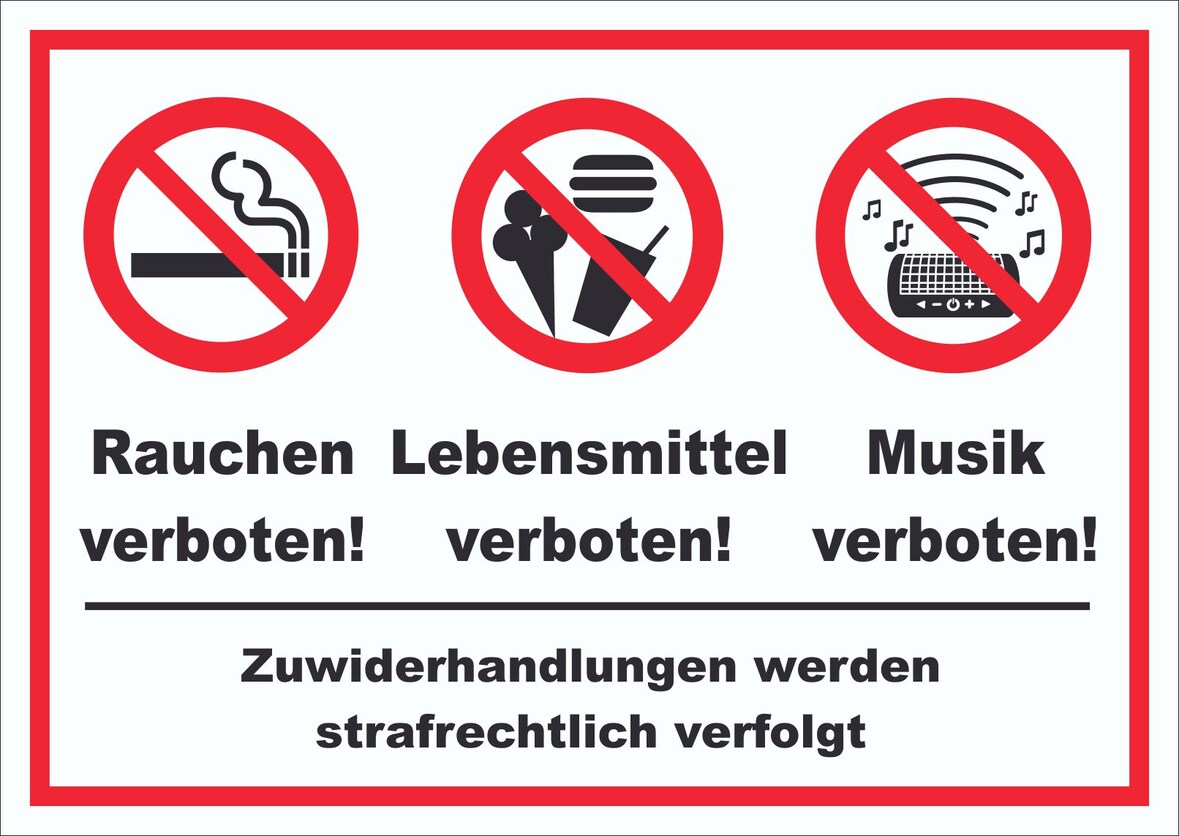 Schild Essen Trinken Musik Rauchen verboten A3 Rückseite selbstklebend