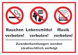 thumbnail of Schild Essen Trinken Musik Rauchen verboten A3 Rückseite selbstklebend