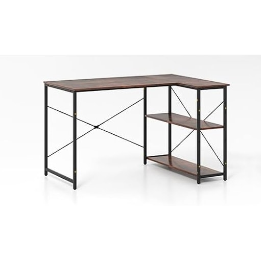 COSTWAY Escritorio en Forma de L, Escritorio de Esquina Reversible con Estante Ajustable y Marco de Metal, Mesa de Computadora de Madera