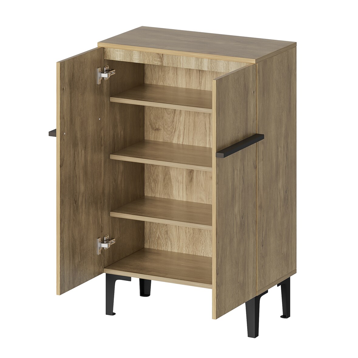 Schuhschrank 60x35x95 cm Holzfarbe+Schwarz mit Doppeltüren und verstellbaren Einlegeböden, platzsparender Stauraum für Flur und Eingangsbereich