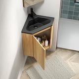 thumbnail of Wandhalterung Badezimmer-Waschtisch 52×38×38 cm dreieckig mit mattschwarzem Harzbecken und Holzschrank Natur