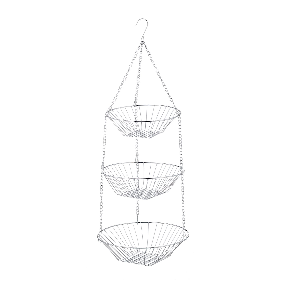 Relaxdays Hängekorb 3 Etagen, hängende Obstkörbe, 3er Etagere für die Decke, Obst, platzsparend in Küche, Stahl, silber