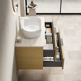 thumbnail of Schwebender Badezimmer-Waschtisch 62×90×46 cm mit ovalem Waschbecken aus Keramik und Travertin-Sintersteinplatte in Beige+Eiche+Weiß