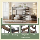 thumbnail of Hochbett 90x200 cm in Schwarz mit Schreibtisch, Regalen, Leiter und Geländer, Metallrahmen, EN747-zertifiziert, ohne Matratze
