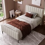 thumbnail of Polsterbett Einzelbett 90×200 mit verstellbarem Kopfteil, gepolstert, Leinenbezug, Massivholz und Metallrahmen, Schlafzimmer, Gästezimmer, Grau-Beige