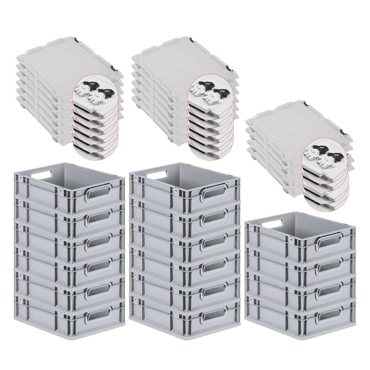 PROREGAL SuperSparSet 16x Eurobox NextGen Economy mit Scharnierdeckel & schwarzen Verschlüssen, Griffe offen, HxBxT 12x30x40cm, 11L, Eurobehälter, Box