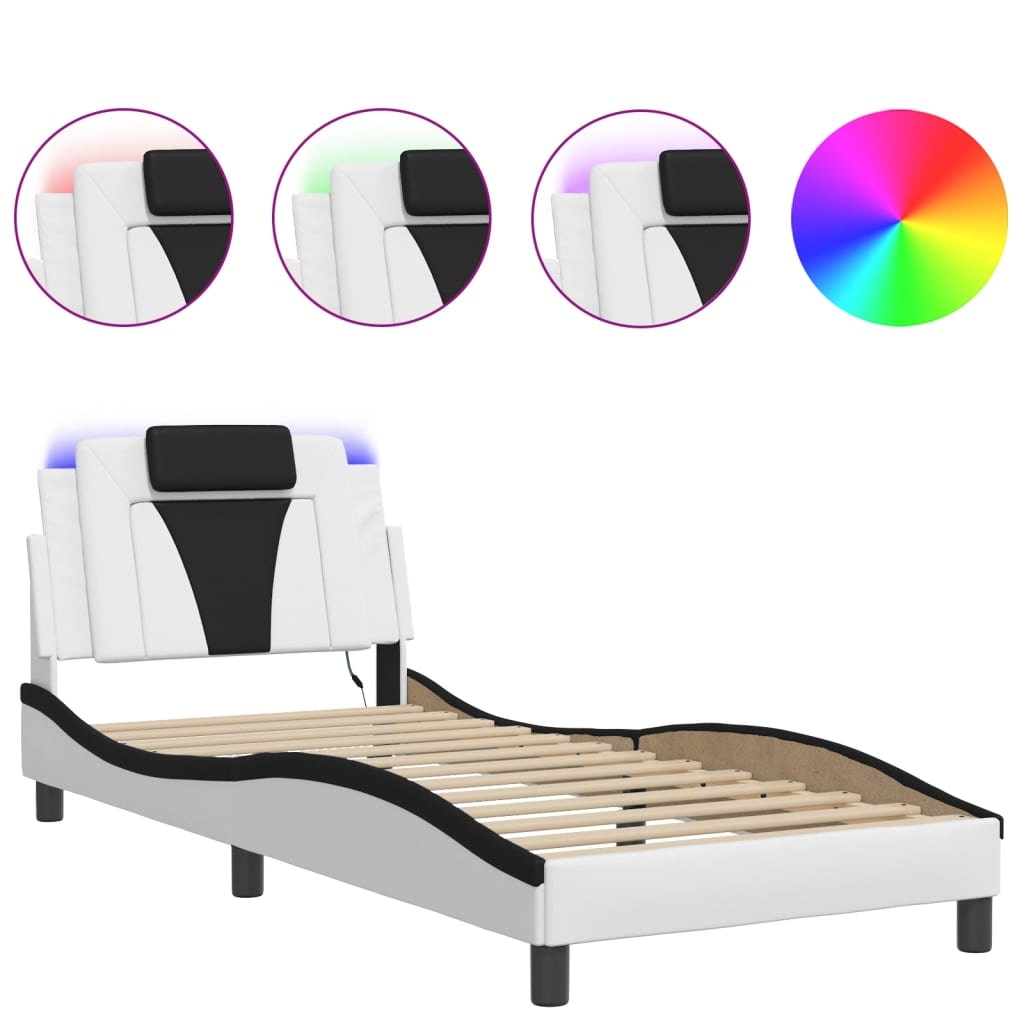 vidaXL Bettgestell mit LED Weiß und Schwarz 90x190 cm Kunstleder
