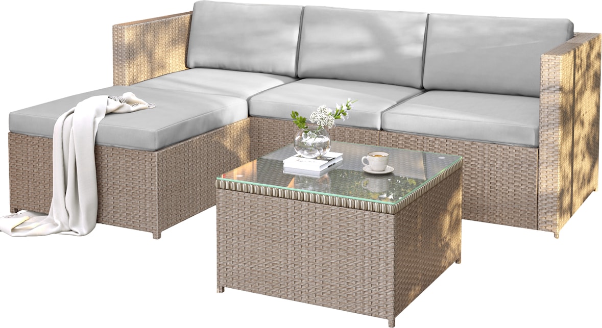 Merax Polyrotan loungebankset, lounge tuinmeubelen, hoekbank, bankstel met zit- en rugkussens, loungetafel met glazen blad, kaki