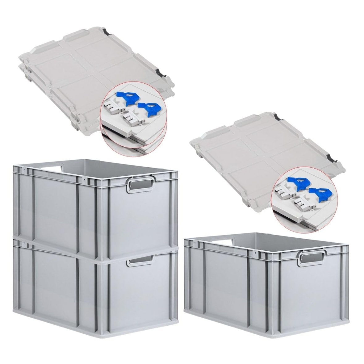 PROREGAL SuperSparSet 3x Eurobox NextGen Economy mit Scharnierdeckel & blauen Verschlüssen, Griffe offen, HxBxT 32x40x60cm, 65L, Eurobehälter, Box