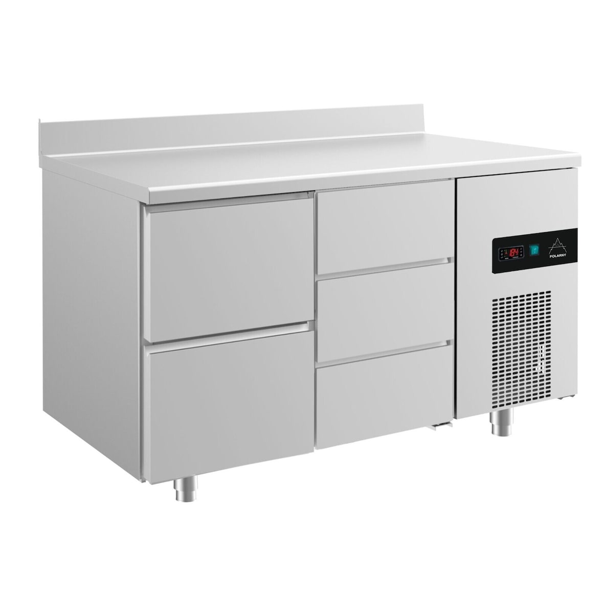 Gastro Edelstahl Kühltisch Umluft 2 links /3 Schubladen rechts Aufkantung, 1400x700x850mm -2/+8°C 281l