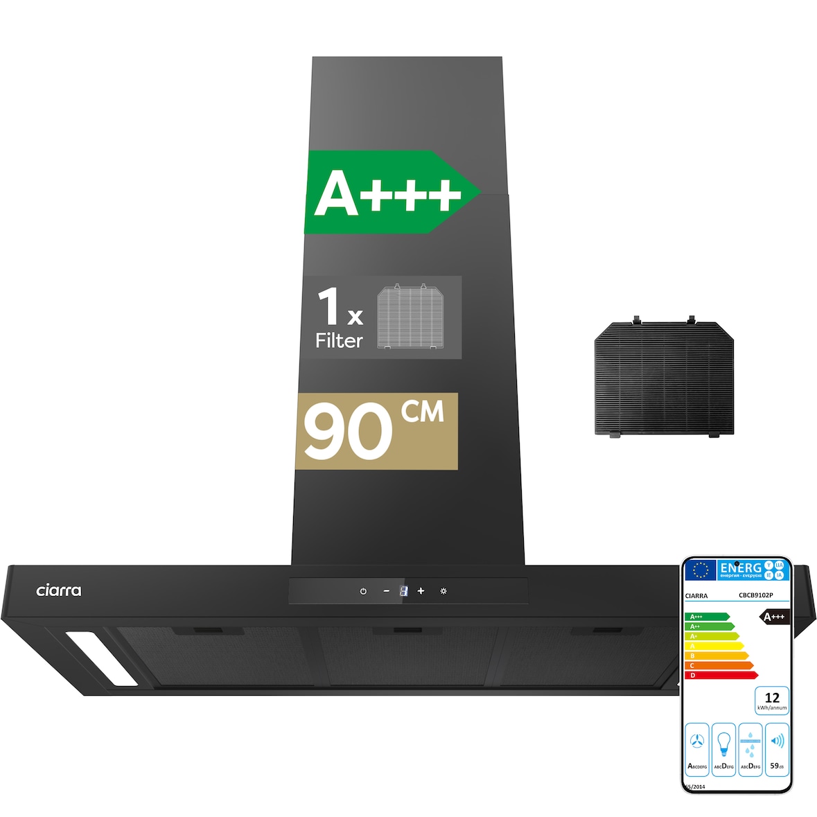 CIARRA A+++ 650 m³/u wandafzuigkap 90cm WIFI +APP & Touch Control Boost VMB9102P