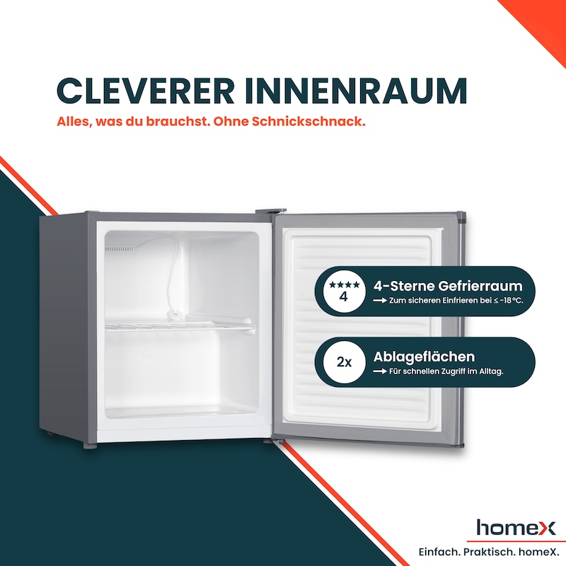 homeX Mini Gefrierschrank, Gefriertruhe klein - 33L Nutzinhalt, 4-Sterne Gefrierbox, Freezer, Tiefkühlschrank, FM1015-S