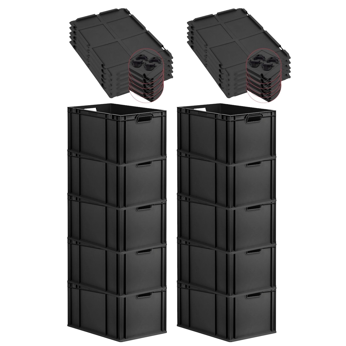 PROREGAL SparSet 10x Eurobox NextGen Grip mit Auflagedeckel & 4 schwarzen Verschlüssen, HxBxT 32x40x60cm, 65L, Schwarz, Griffe offen, Eurobehälter