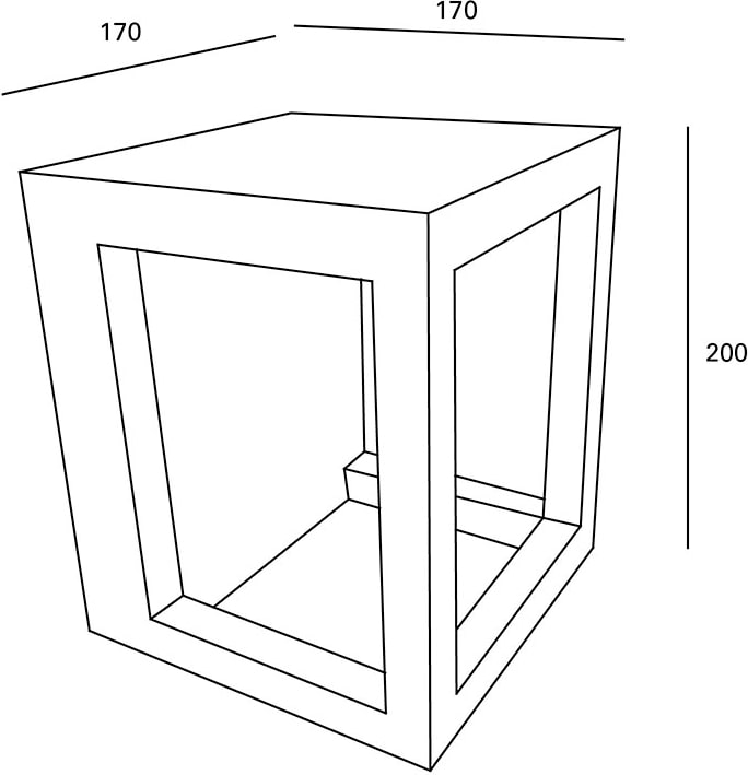 Una luminaria exterior cúbica con dimensiones.