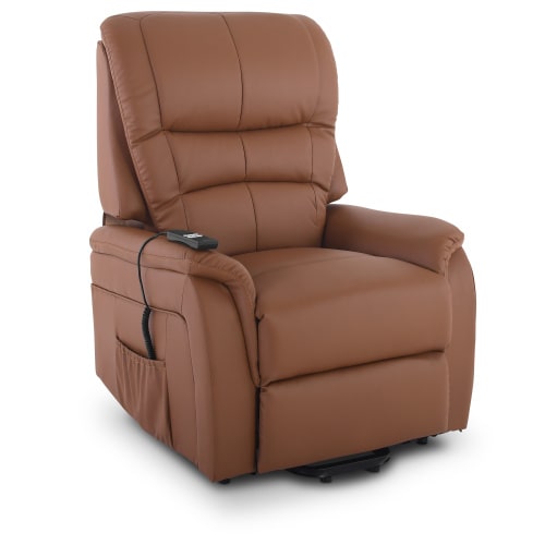 Fernsehsessel mit Aufstehhilfe, Relaxsessel mit elektrischer Liegefunktion, 2 Motoren, 120 kg belastbar, Kunstleder, Cognacbraun, Raburg Jan