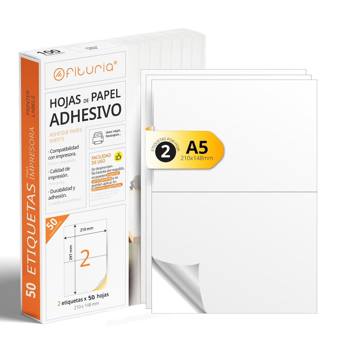 Folios A4 de Etiquetas Adhesivas Blancas, Crea tus Pegatinas Personalizadas, Etiqueta Adhesiva para Imprimir - Ofituria (2 por hoja, 50h)