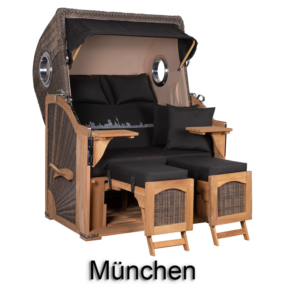 Strandkorb - bene living - Ammersee Teak Bullauge - PE grau - Skyline München - Liftersystem