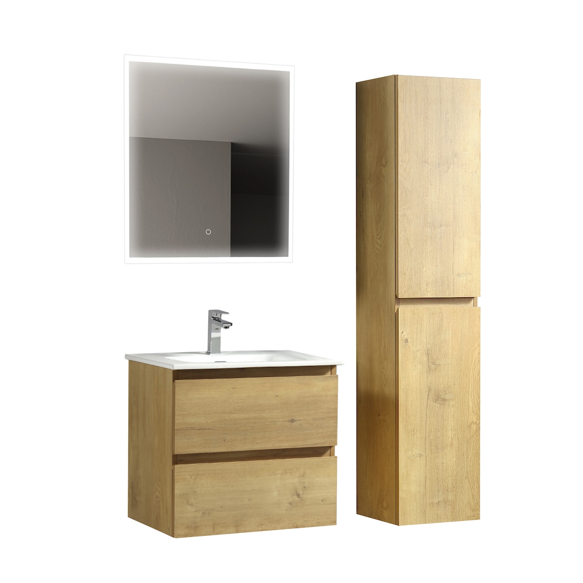 Alpenberger Badmöbel Waschbecken mit Unterschrank | Waschtisch mit Hochschrank und LED Badspiegel | Badezimmermöbel Waschbeckenunterschrank Badschrank