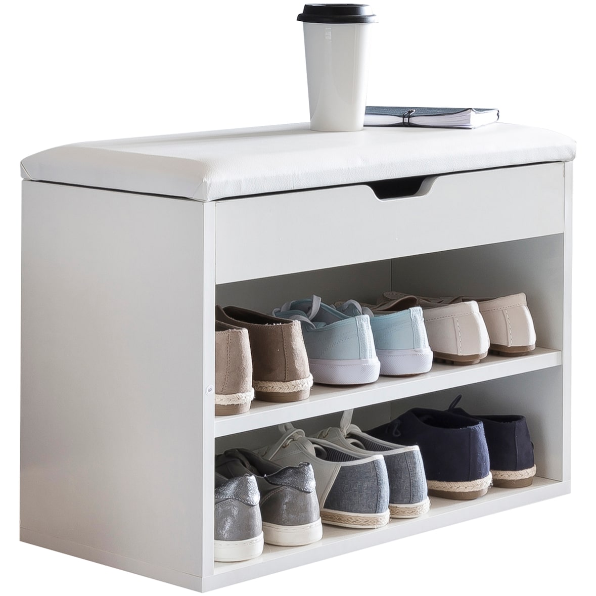 Schuhbank mit Sitzfläche Weiß Garderoben-Bank Holz 60 x 40 x 30 cm, Holzbank klein gepolstert, Sitzbank schmal Flur mit Stauraum, Truhenbank