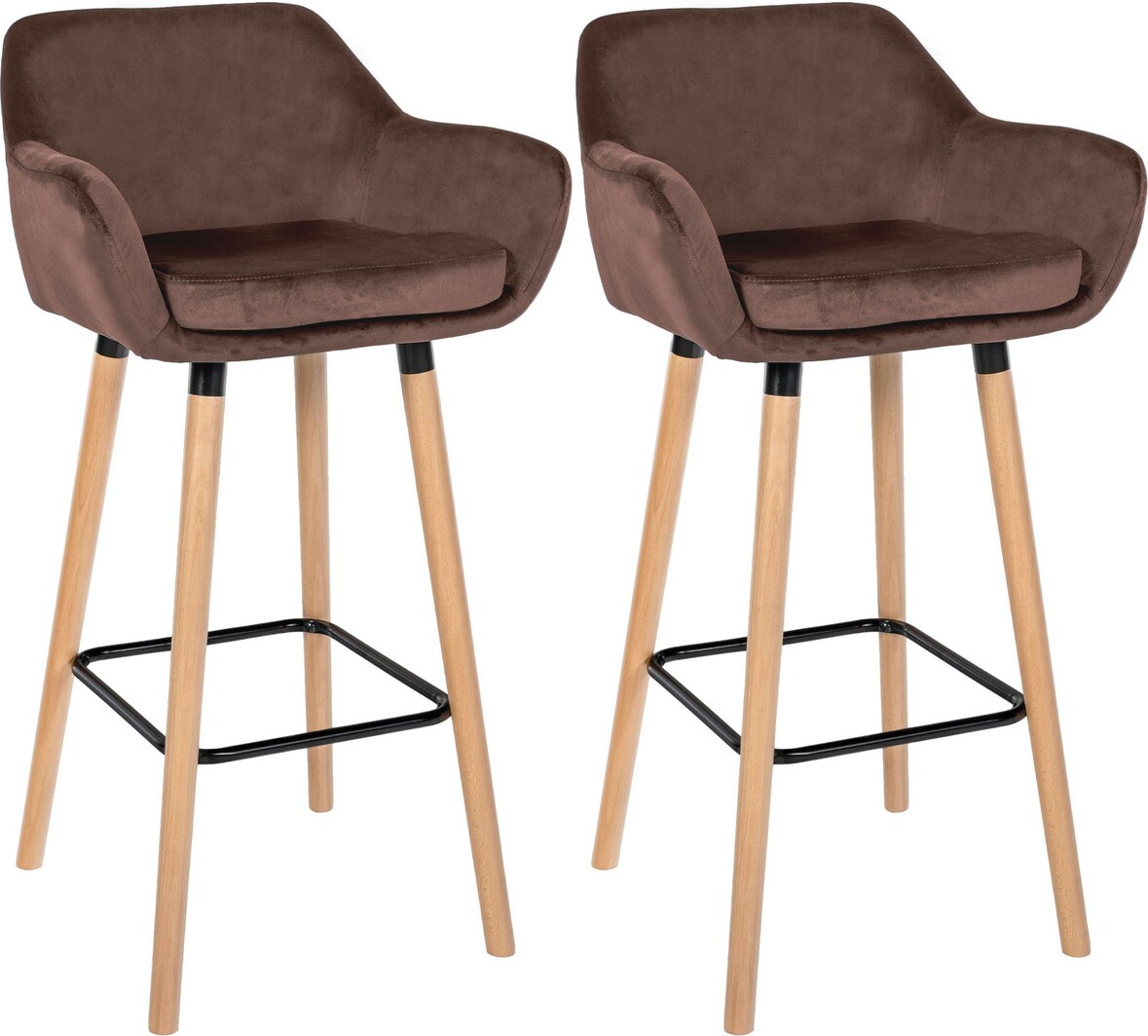 Décoshop26 - Set aus 2 skandinavischen Barhockern in braunem Samt mit Holzgestell und Metallfußstütze 10_0006589