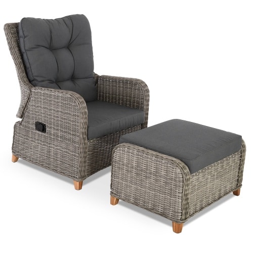 Garten-Relaxsessel mit Hocker, bis 130 kg Belastbarkeit, mit Polster, pflegeleichtes & wetterfestes Polyrattan, Mittelgrau/Dunkelgrau, Raburg Alisa
