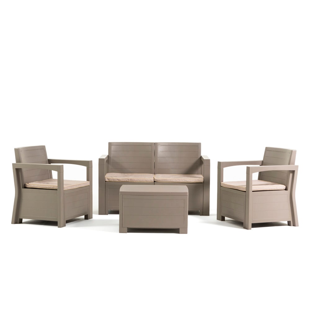 Outdoor-Lounge-Set 4-Sitzer mit Sofa, Sesseln, Tisch und Kissen aus Polypropylen in Holzoptik für Garten und Terrasse - LICATA/Taubenfarbe