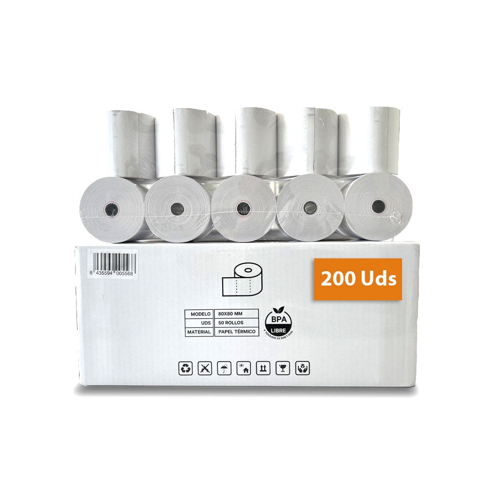 Doos met 200 thermische papierrollen 80 x 80 mm, zonder bisfenol