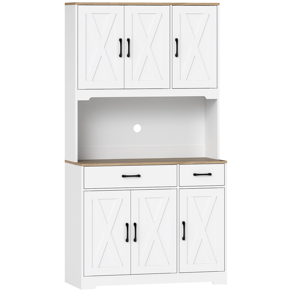 HOMCOM alacena de cocina alta, con 6 puertas, encimera para microondas, 2 cajones, estantes ajustables, orificio para cable, 94x39,5x175,2 cm, blanco