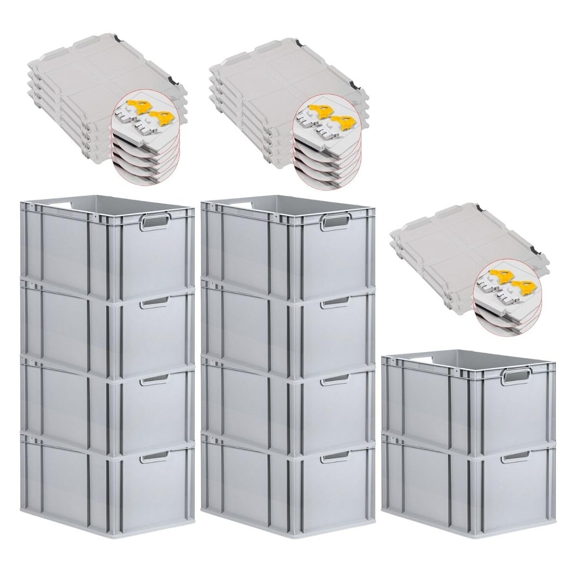 PROREGAL SuperSparSet 10x Eurobox NextGen Economy mit Scharnierdeckel & gelben Verschlüssen, Griffe offen, HxBxT 32x40x60cm, 65L, Eurobehälter, Box