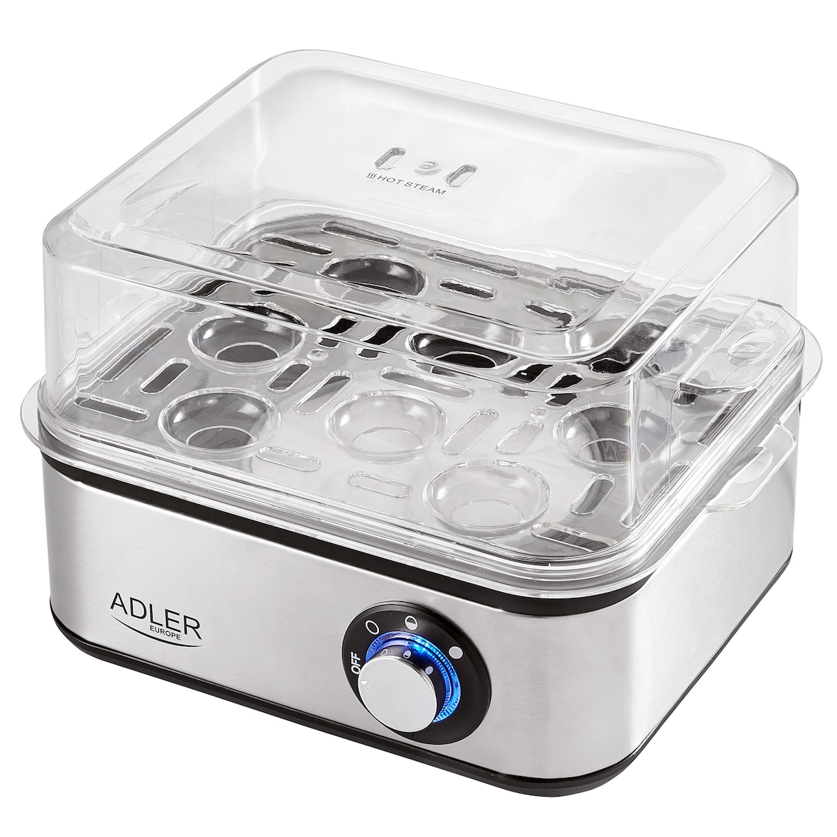 Adler AD 4486 Cuociuova elettrico per 8 uova, acciaio inox, tempo di cottura regolabile, 800W, Argento