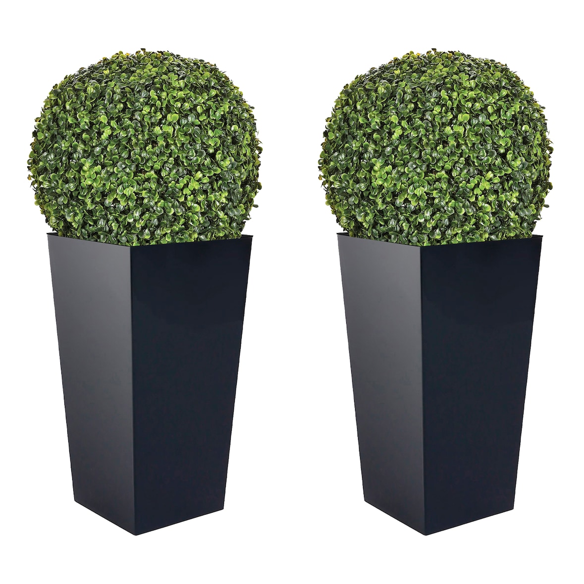 WellHome - Set di 2 vasi quadrati Urbi da 35 litri in antracite con sfera in bosso da 36 cm